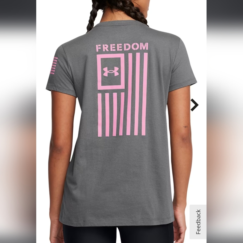 NWT Women's Under Armour Gray & Pink Freedom Flag Short Sleeve Tee, Size XS
